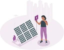 In this picture, a woman is using solar panels to produce energy.